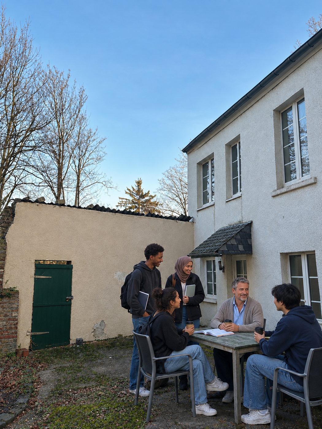 Kursteilnehmende in der Pause im Innenhof