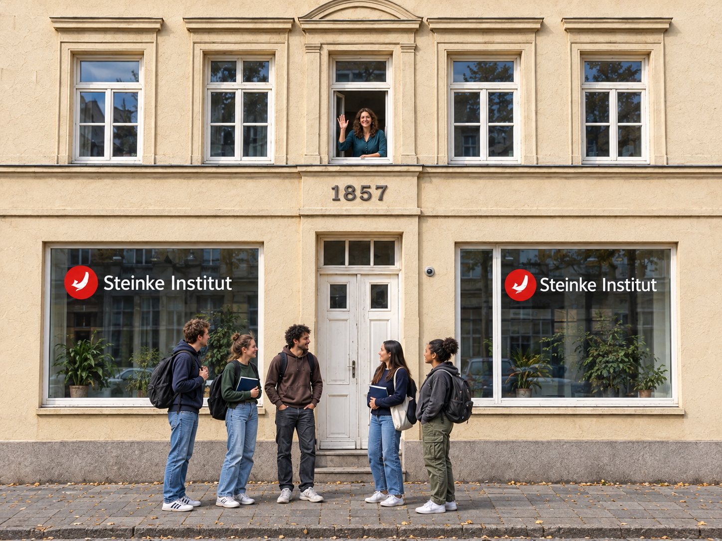 Kursteilnehmende vor dem Steinke-Institut Bonn, eine Lehrerin winkt aus dem Fenster