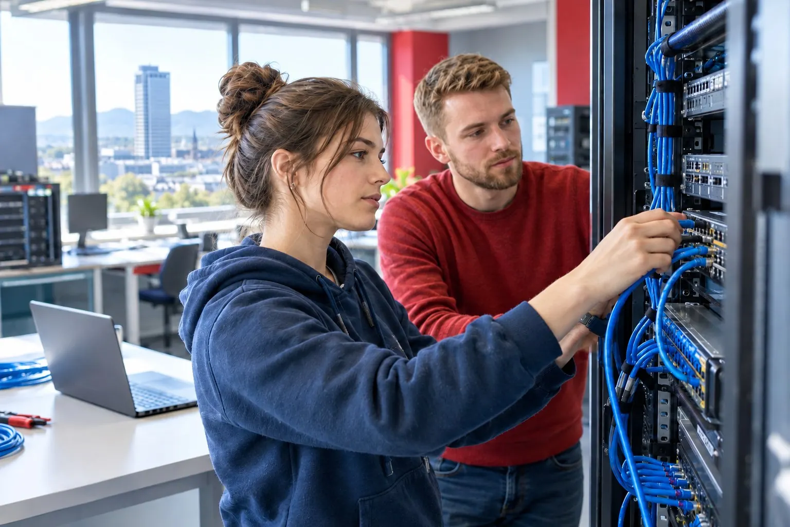 Fortbildung Informationstechnik: Teilnehmende verkabeln einen Netzwerkschrank