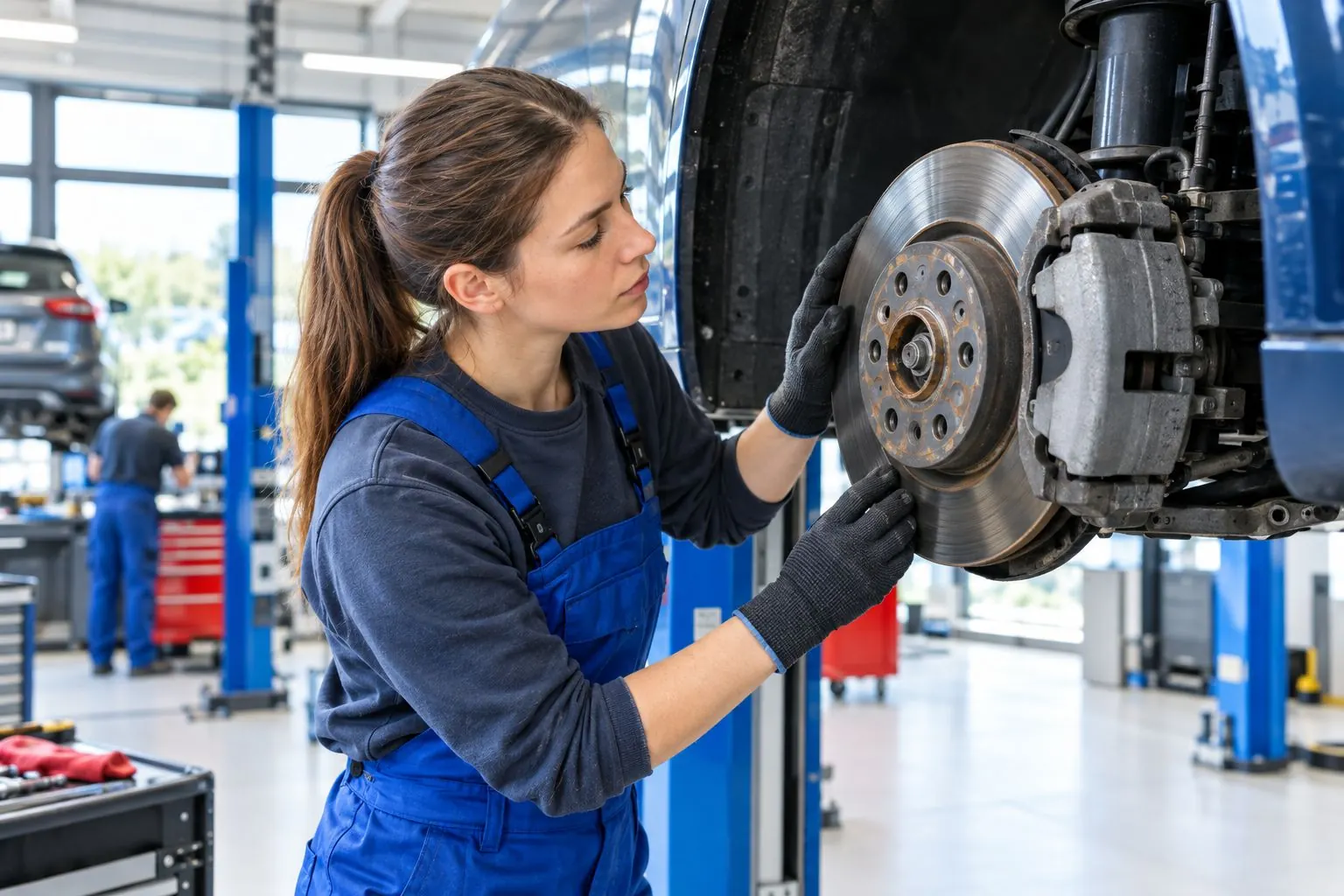 Fortbildung KFZ-Technik: Mechanikerin prüft eine Bremsscheibe