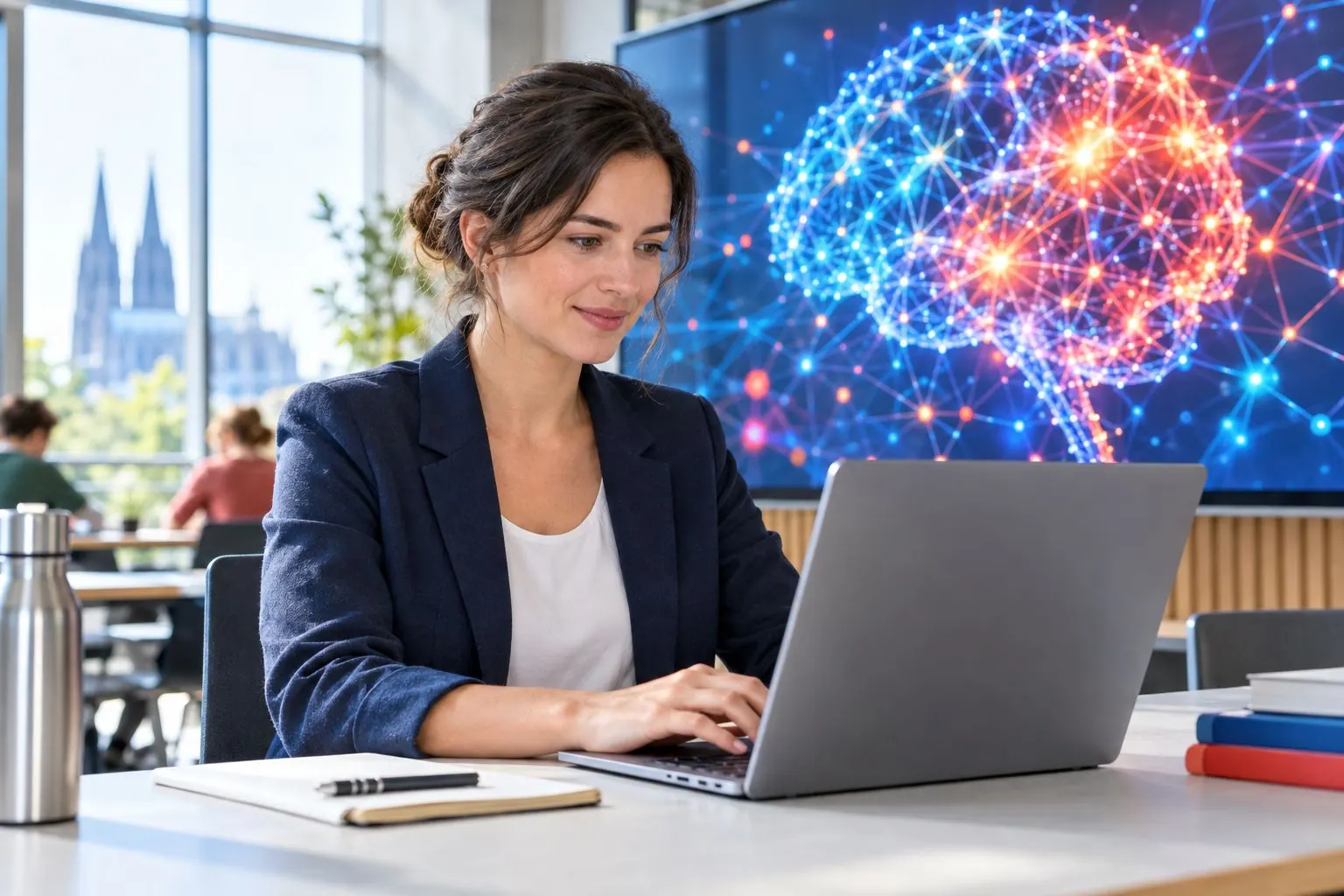 Fortbildung Künstliche Intelligenz: Teilnehmerin am Laptop vor einer KI-Visualisierung