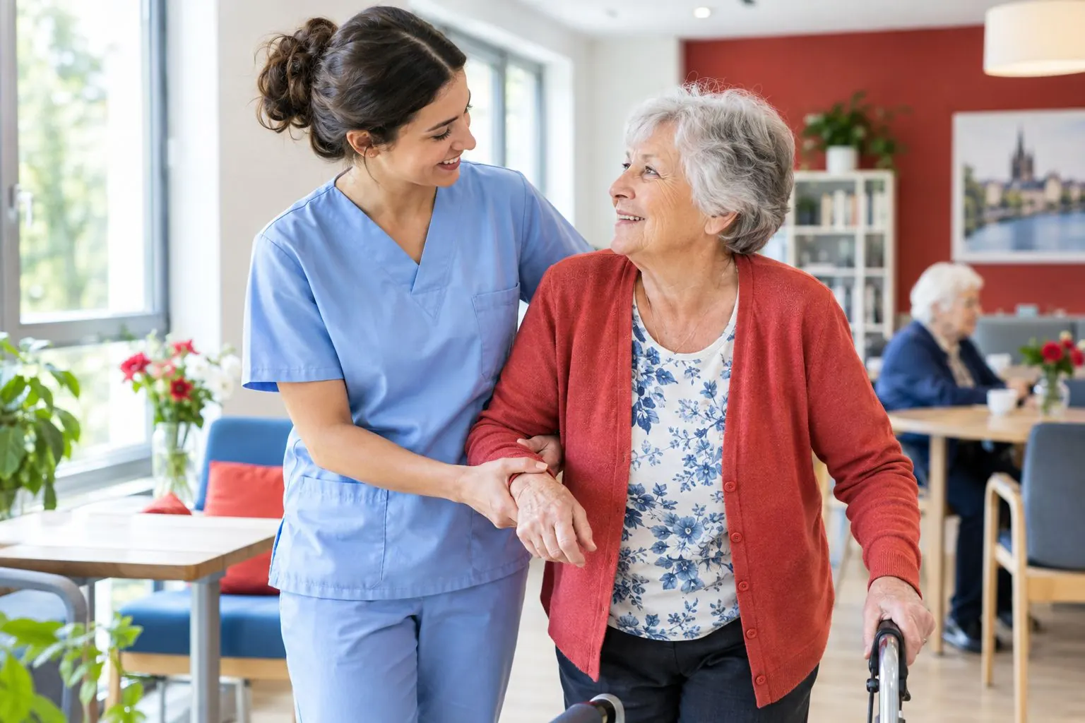 Fortbildung Hilfspflegekraft: Pflegekraft begleitet eine Seniorin